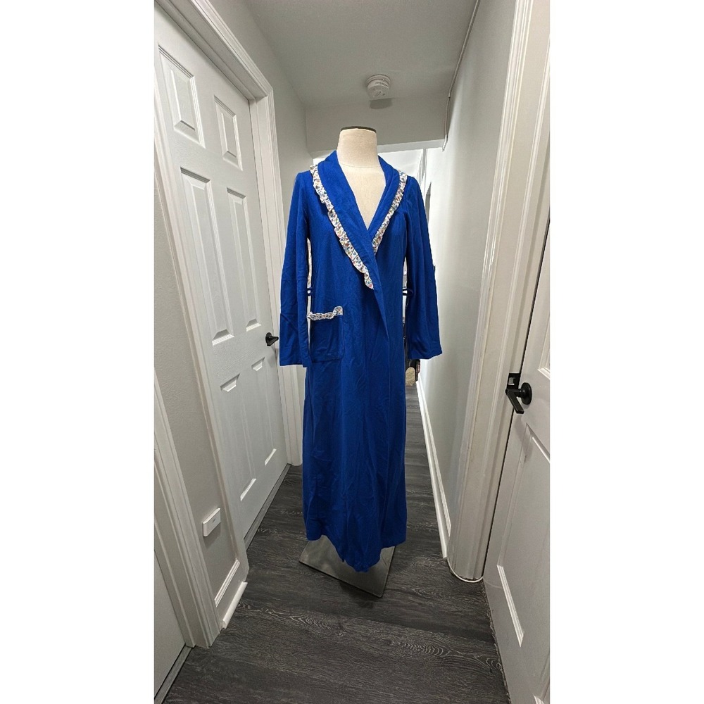 Vintage Sears JR Bazaar Royal Blue Velour Maxi Robe Floral Ruffle Trim Size 9